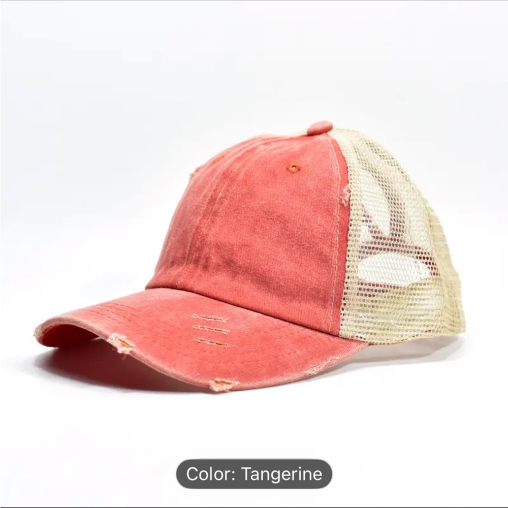 Ponytail Cap Women’s Ballcap Tangerine and Tan Hat with Ponytail Adjustable NWT